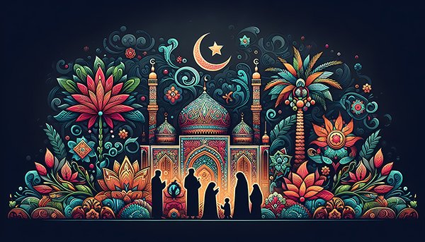 Free 4K HD Islamic art wallpaper mosque background best for Islamic wall art. colorful domes, tall palm trees, and bright flowers around it. A family stands near the mosque, dressed in simple traditional clothes. best for eid mubarak background
