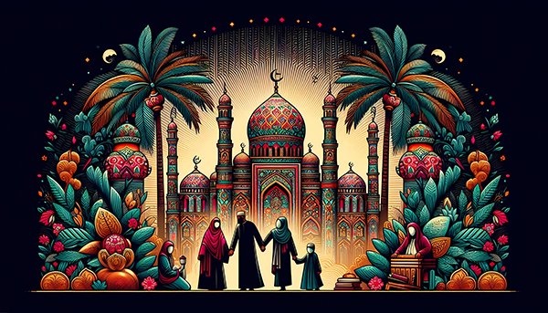Free 4K HD Islamic art wallpaper mosque background best for Islamic wall art. colorful domes, tall palm trees, and bright flowers around it. A family stands near the mosque, dressed in simple traditional clothes. best for eid mubarak background