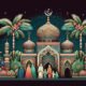 3 Free 4K HD Islamic art wallpaper mosque background best for Islamic wall art, colorful domes, tall palm trees, and bright flowers around it. A family stands near the mosque, dressed in simple traditional muslin clothes. best for eid mubarak background